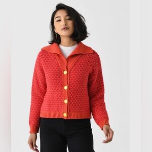TROVATA Women's Red Orange 4 Brass Button Cardigan Cotton Wool Blend Sweater L
